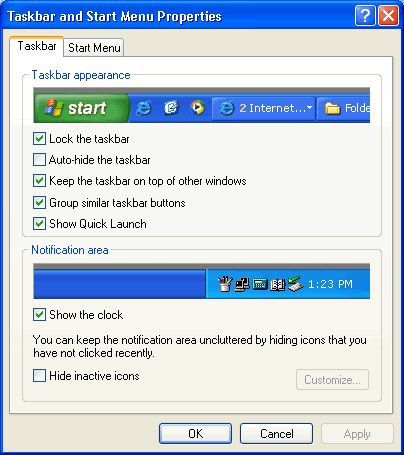 Taskbar dialog box