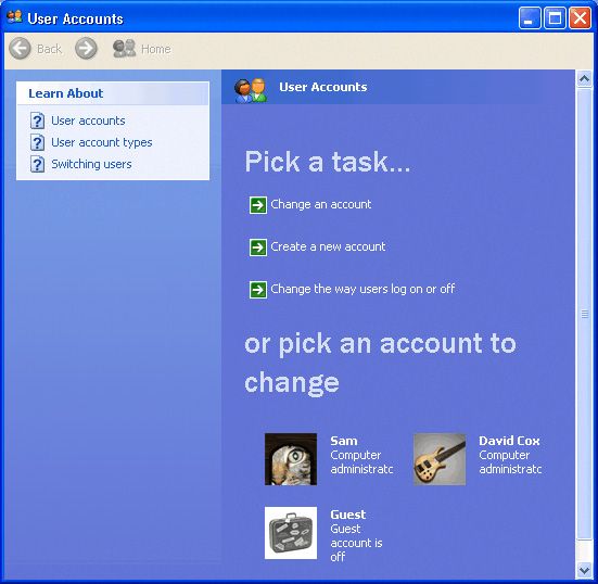 how to create user account in windows xp
