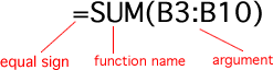 equal sign, function name, argument