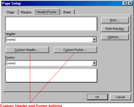 Page Setup dialog box Header Footer tab