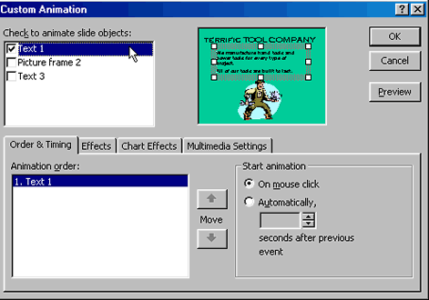 Order and Timing tab in the Custom Animation dialog box