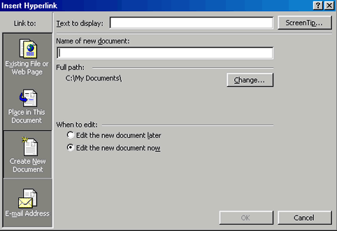 Insert Hyperlink dialog box with Create New Document selected