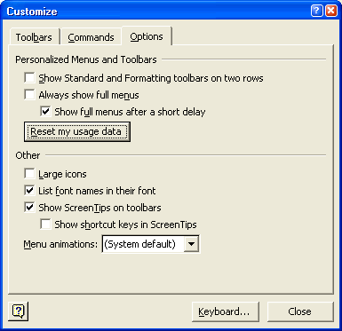 Word 2002's Customize dialog box