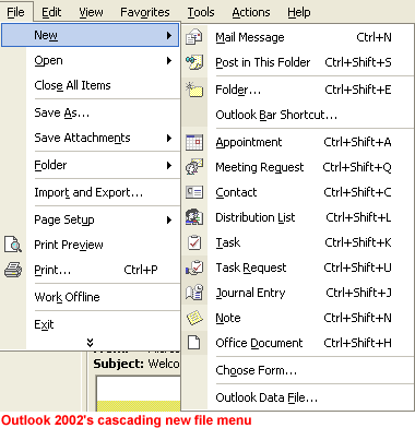 Outlook 2002's cascading new file menu
