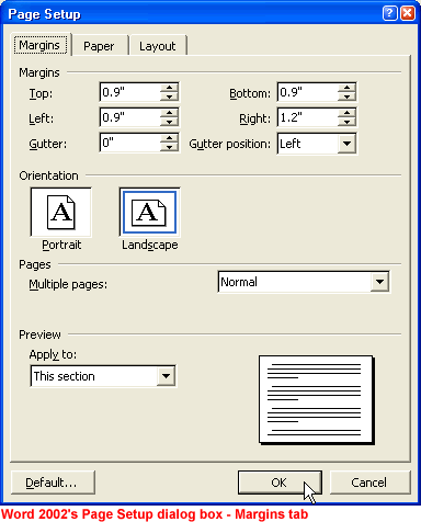 Word 2002's Page Setup dialog box - Margins tab