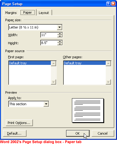 Word 2002's Page Setup dialog box - Paper tab
