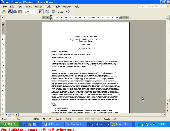 Word 2002 document in Print Preview mode