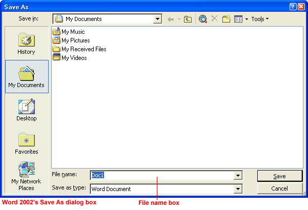 Word 2002's Save As dialog box
