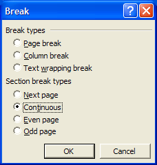 Insert Break Dialog Box