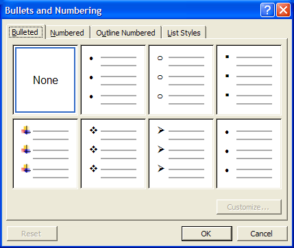 Bullets and Numbering Dialog Box