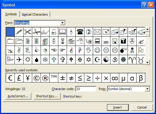 Word XP: Insert Symbols