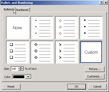 Bulleted and Numbering dialog box