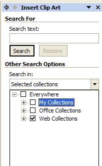 clip art Search dialog box with Web collections selected