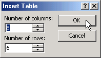 Table columns and rows dialog