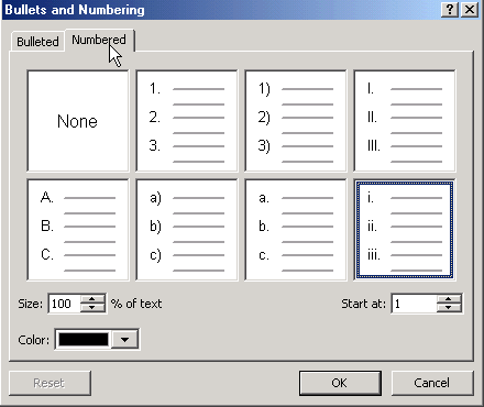 Bulleted and Numbering dialog box