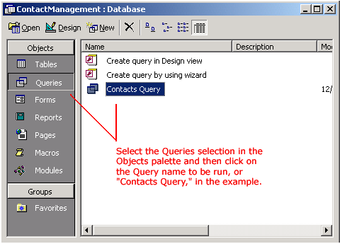 Contacts Query Selection under Queries Object