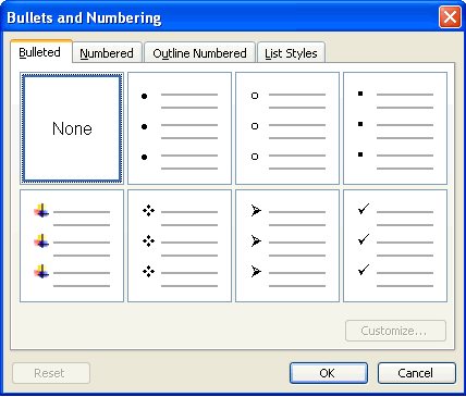 Bullets and Numbering Dialog Box