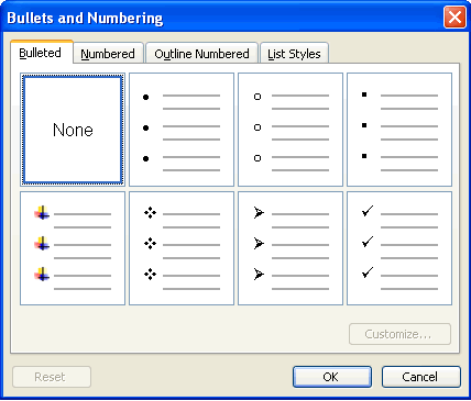 Word 2003: Bulleted and Numbered Lists