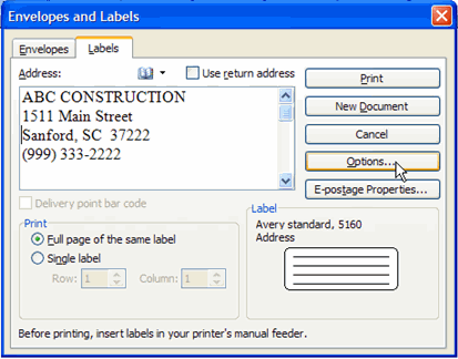 how to print address labels in word 2003