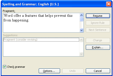 Spelling and Grammar Dialog Box