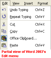 Partial view of Word 2003's Edit menu