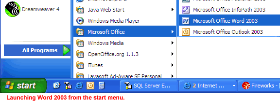 launching Word 2003 from the Start menu