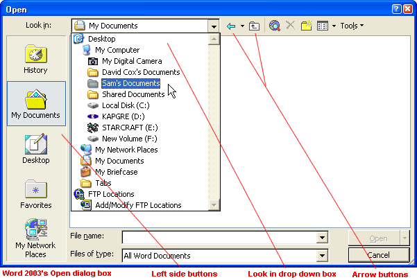 Word 2003's Open dialog box