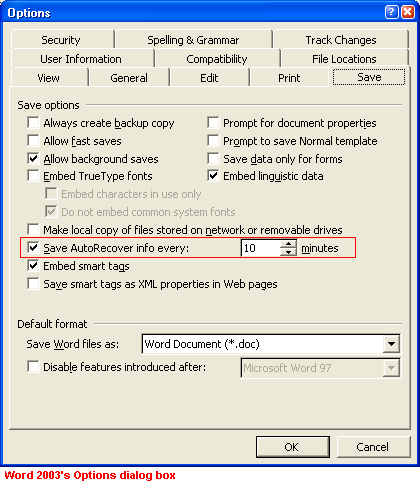 Word 2003's Options dialog box - Save tab