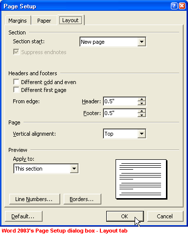 Word 2003's Page Setup dialog box - Layout tab