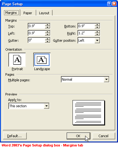 Word 2003's Page Setup dialog box - Margins tab
