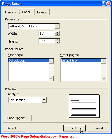 Word 2003's Page Setup dialog box - Paper tab