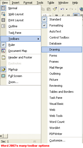 Word 2003's many toolbar options