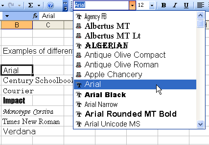 Arial Typeface Selection in Font List Box