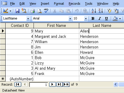 Contacts Table in Datasheet View