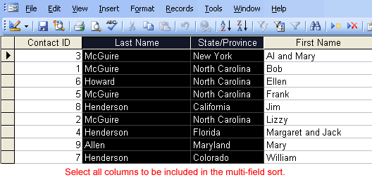 Columns Selected in Multi-Field Sort