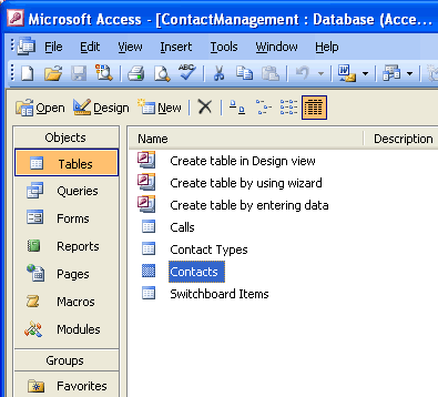 Contacts Table in Tables Object