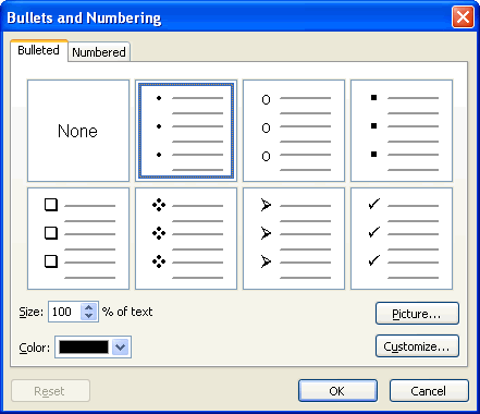 Bulleted and Numbering dialog box