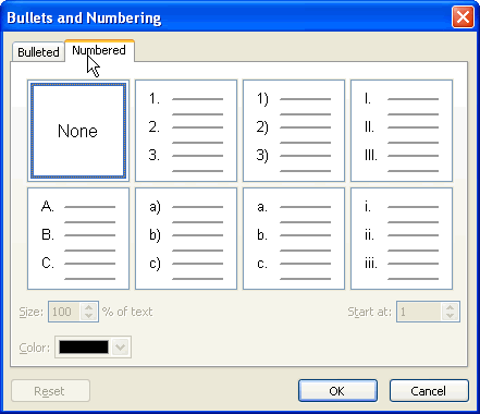 Bulleted and Numbering dialog box