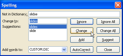 Spelling dialog box with Change selected