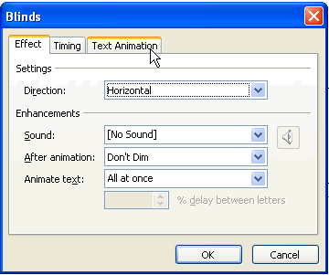Dialog box with text animation tab selected