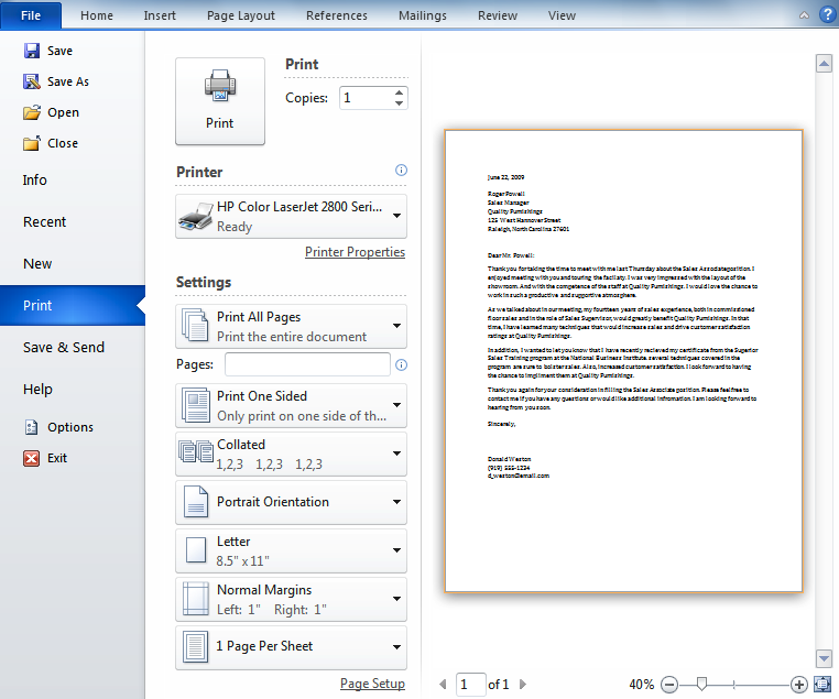 print document properties word 2010