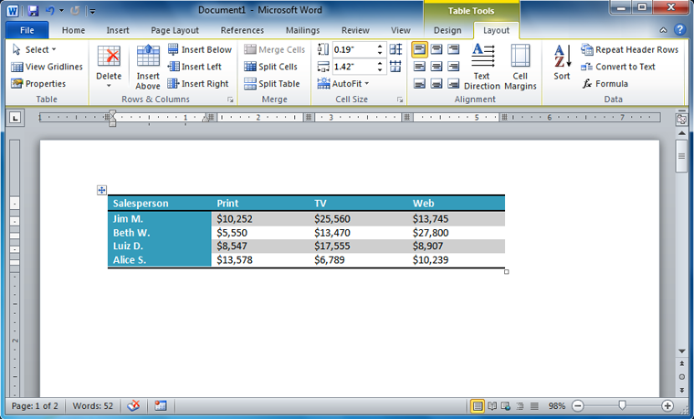 how to change table row height in word 2010